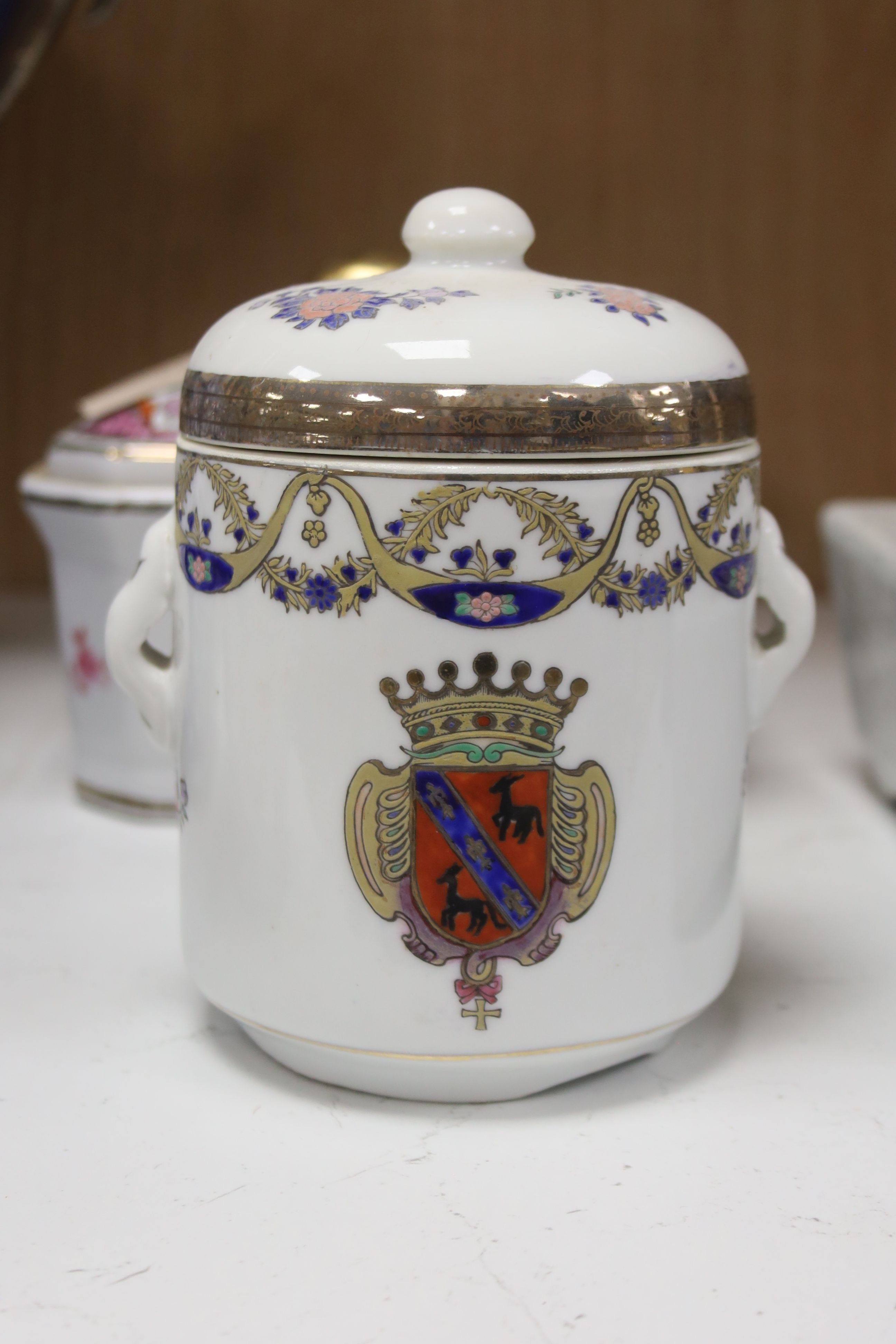 A large blue ground two-handled pedestal vase with metal mounts and sundry ceramics